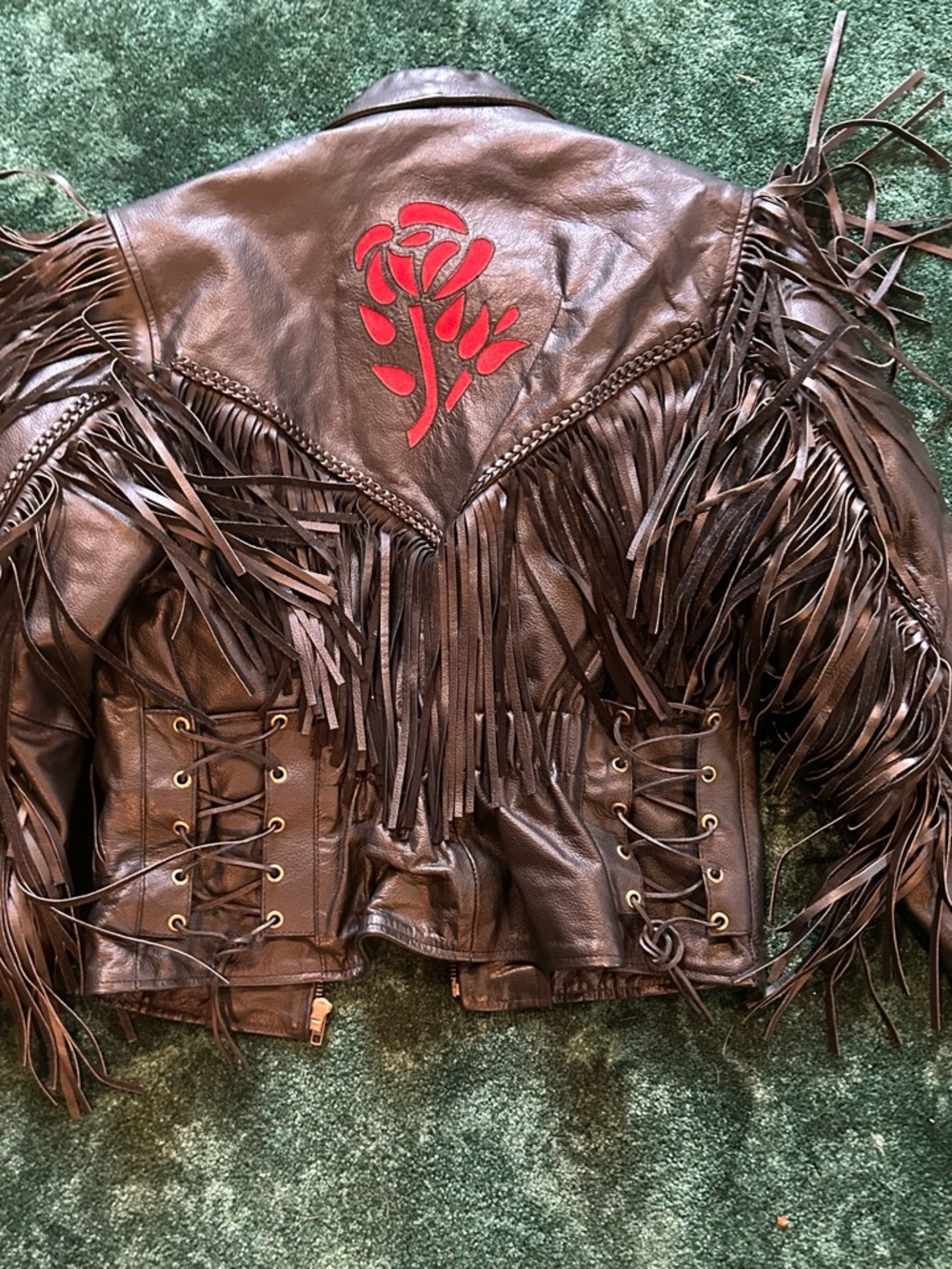 Vintage Black Leather Fringed Jacket With Red Roses Women’s Size Medium